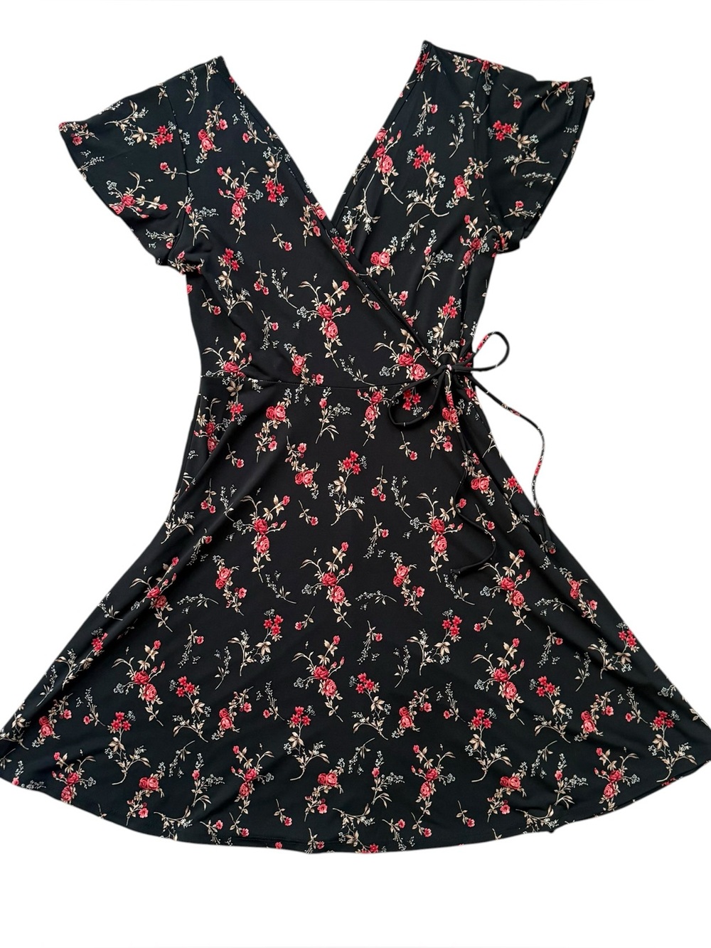 Kaileigh Faux Wrap Knit Dress Black Floral Print